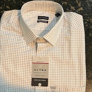 Van Heusen Men's White and Navy Patterned Dress Shirt